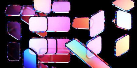 Abstract arrangement of rounded rectangles with iridescent edges on black backgroundの素材