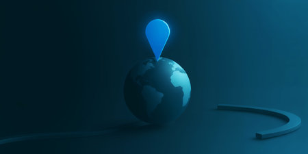 Blue location pin above globe in a dark blue environment with a curved shape on the groundの素材