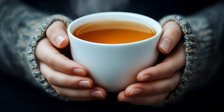 Warm Hands Holding Steaming Cup of Herbal Tea Winter Cozy Comfort hot mug calm knit food home lifeの素材