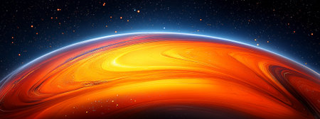 Fiery Planet Cosmic Landscape Abstract Orange Red Space Background Art Hot Warm Stars Swirl Curveの素材