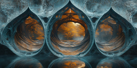 Abstract Fantasy Stone Archway Autumn Forest Digital Art Surreal Nature Scene Mystic Teal Blue Caveの素材
