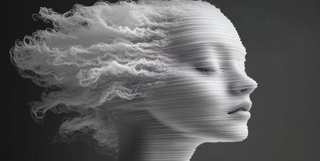 Abstract Digital Female Face Art Monochrome Elegant Lines Design Modern Style Grey Calm Head Hairの素材