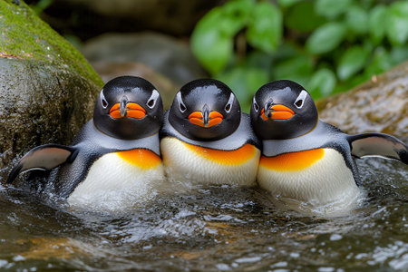 Three Adorable King Penguins Swimming Together in Water wet ice sea cute cold rock birdの素材