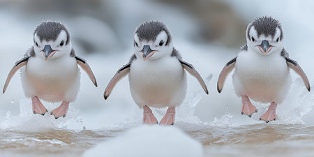 Three Adorable Baby Penguins Walking on Ice Cute Wildlife gray cold snow bird wing feetの素材