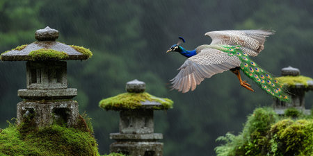 Stunning Peacock in Flight Rain Nature Scene Green Mossy Stone Lanterns zen art bird asiaの素材
