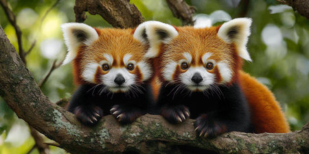 Adorable Red Panda Twins on Tree Branch Wildlife Fur Cute Eyes Face Baby Soft Rare Greenの素材