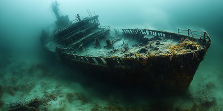 Sunken Shipwreck Underwater Ocean Deep Sea Mysterious Wreckage Exploring Ancient Maritime Historyの素材