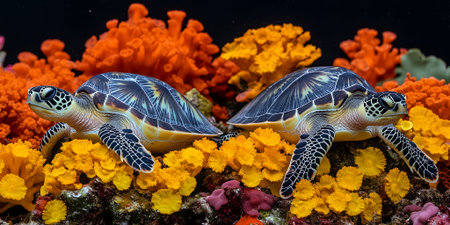 Two Sea Turtles Resting on Vibrant Coral Reef Stunning Underwater Wildlife Nature Photography blueの素材