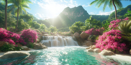 Serene Tropical Waterfall Paradise Lush Green Mountains Pink Flowers Sunny Day Tranquil Nature Sceneの素材