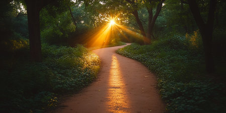 Serene Sunset Path Winding Through Lush Green Summer Forest Trees Sunlight Rays Nature Walk day way road park warm view trail image woodsの素材