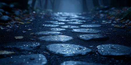 Dark Mysterious Forest Path Wet Stone Cobblestone Road Night Autumn Leaves Deep Blue Twilight Mystical Scene Nature Background art mood calmの素材