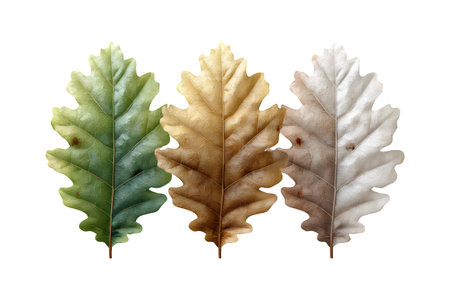 A trio of oak leaves, each displaying a distinct colorgreen, brown, and a faded greysymbolizing the progression of seasons, set against a clean white backdrop.の素材
