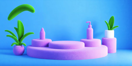 A pastel scene with a tiered platform, plants, and a bottle against a blue background artの素材