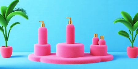Pink bottles with gold pumps displayed on a pink platform with plants against a blue backgroundの素材