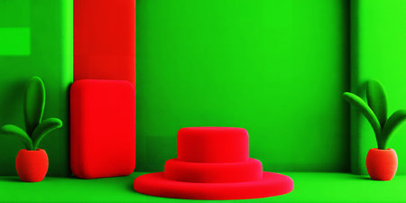A vibrant green backdrop featuring red geometric shapes and two potted plants in a studio settingの素材