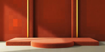 A terracotta platform with gold accents against a matching terracotta colored background wallの素材