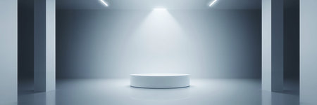 A minimalist white pedestal in a bright room with spotlight and architectural columns framing itの素材