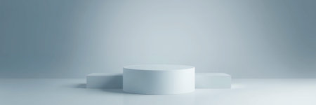 A minimalist scene showcasing a white cylinder platform with two square blocks around it on whiteの素材