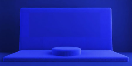 An abstract blue stage with a circular pedestal and rectangular backdrop. Clear details and vibran...の素材