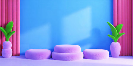 A pastel blue background with pink curtains and plants flanking lavender display platforms setupの素材