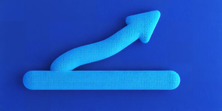 3D render of a blue arrow rising from a horizontal bar on a blue background. Clear details and vi...の素材