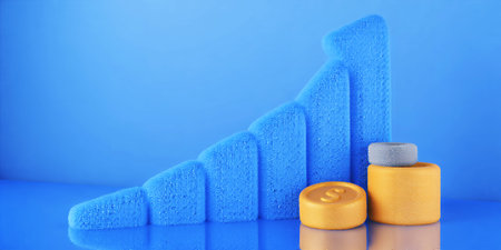Blue 3D bar chart graph with upward arrow and coins showing financial growth Clear details and vi...の素材