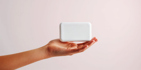A hand holds a white rectangular object with rounded corners against a light pink background.の素材
