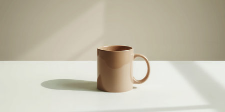A single beige mug sits on a white surface with soft light and shadow Clear details and vibrant co...の素材