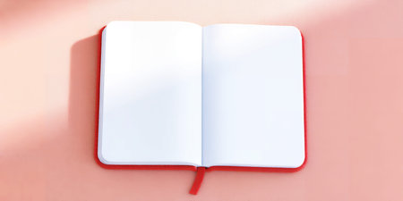 Open red notebook with blank white pages on a soft pink surface. Clear details and vibrant colors...の素材