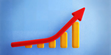 Red arrow graph pointing upwards with yellow bar chart on blue background Clear details and vibran...の素材