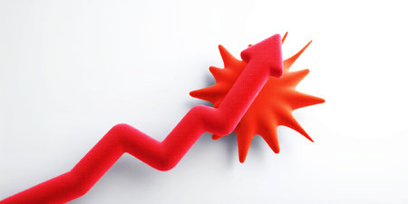 A red arrow graph trending upwards with a starburst explosion on white. Clear details and vibrant ...の素材