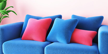 A blue sofa is adorned with pink and blue fuzzy pillows in a room. Clear details and vibrant color...の素材