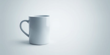 A plain white ceramic mug with a handle sits on a light blue gradient background. Clear details an...の素材