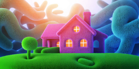A whimsical 3D pink house with a fluffy texture sits on green grass. Clear details and vibrant col...の素材