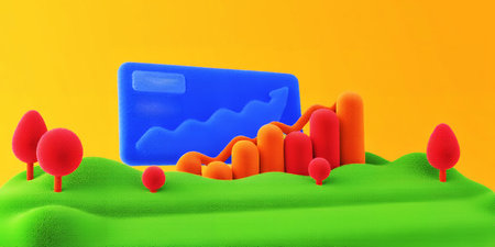 A 3D abstract landscape features a financial graph with red trees. Clear details and vibrant color...の素材