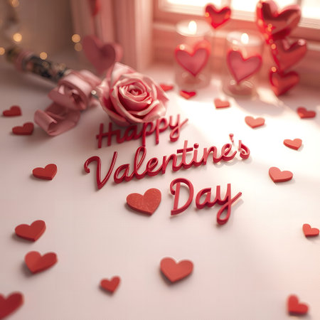 A romantic Valentine's Day greeting featuring a red rose and scattered hearts on a white surface with a soft pink background and warm lightingの素材