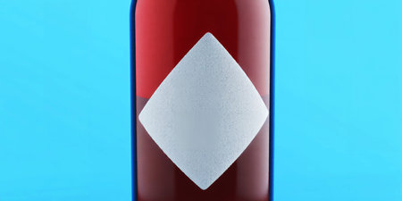 Red liquid in a glass bottle with a textured white diamond label. Clear details and vibrant colors...の素材