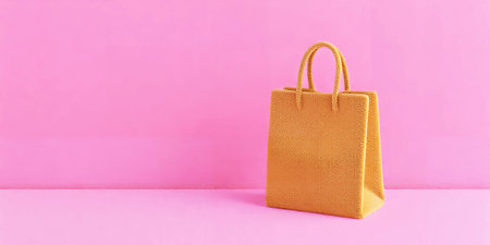 A yellow textured shopping bag with handles sits on a pink surface. Clear details and vibrant colo...の素材