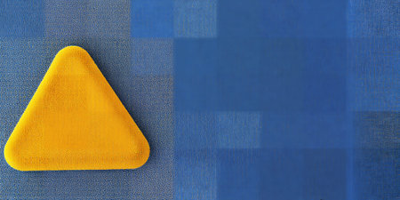 A yellow triangle shape on a blue textured background with squares Clear details and vibrant colo...の素材