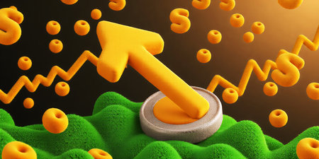 3d rendering of yellow arrow on green grass with falling numbers.の素材