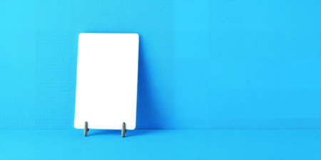 White rectangular sign on a stand against a blue background Clear details and vibrant colors enhan...の素材