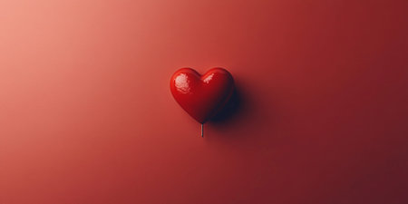 Red Glossy Heart Pin on Red Background Minimalist Romantic Design Valentine 3d love card shiny cleanの素材