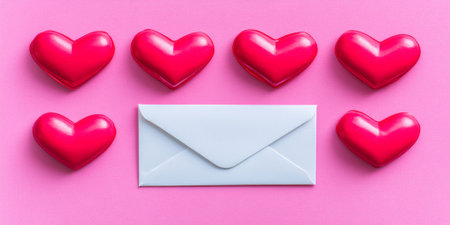 Pink Hearts Envelope Love Romance Valentines Day Card Design red mail post cute sweet shape shinyの素材