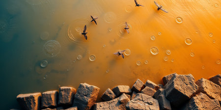 Birds fly over a body of water with rippling circlesの素材