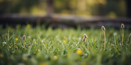 Tiny flowers pop up through the green grass.の素材