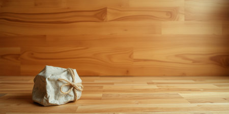 A small, white, crumpled package sits on a wooden floor.の素材