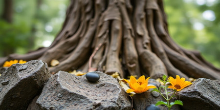 Yellow flowers bloom near a tree's roots.の素材
