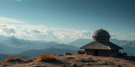 A small stone building on a mountaintop with a view of a mountain range in the distanceの素材