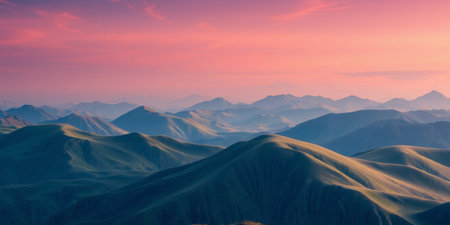 Serene mountain range at sunset with pink skyの素材