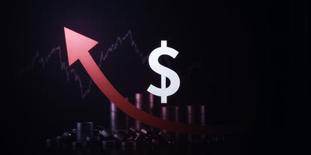 Dollar sign with upward trending arrow and graph against a dark background indicating growthの素材